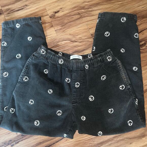 Urban Outfitters Gray Corduroy Pull on Tie Up Pants Smiley Face Print Size Small - Picture 1 of 11
